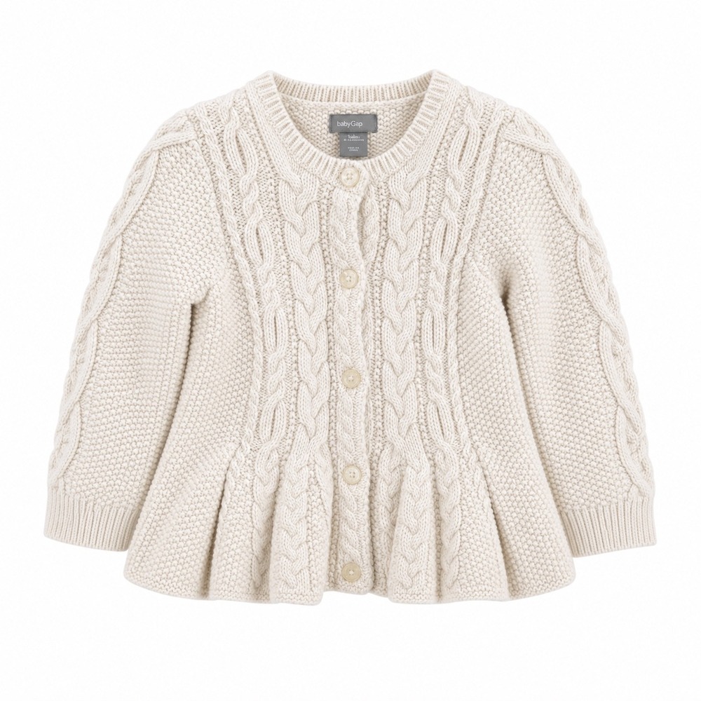 Baby Gap Girls Cream Cotton Cable Knit Peplum Cardigan Sweater 18-24 Mo toddler